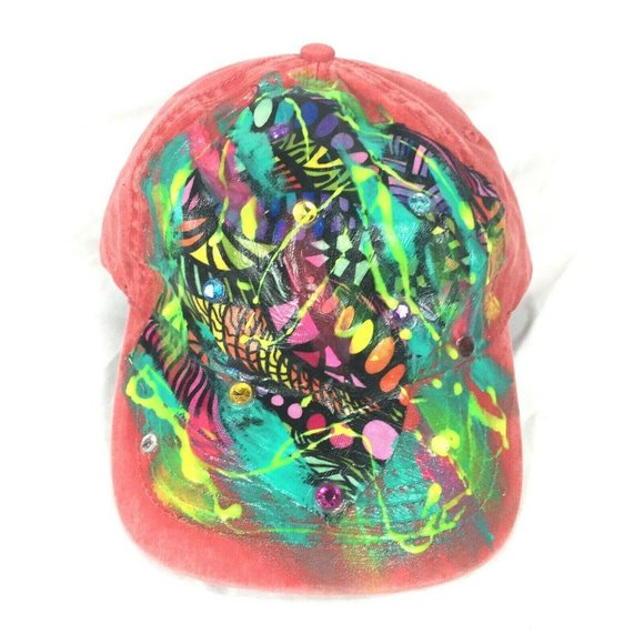 Hand painted Accessories - Hand Painted Original Abstract Art Hat Cap Neon